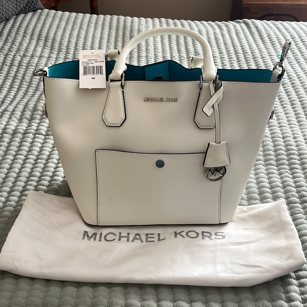 Brand new! Michael Kors large grab bag, Greenwich. Opal white with aqua inside.